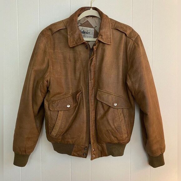 Vintage Windbreaker Jacket Men’s Medium Brown Leather Bomber Aviator *READ*